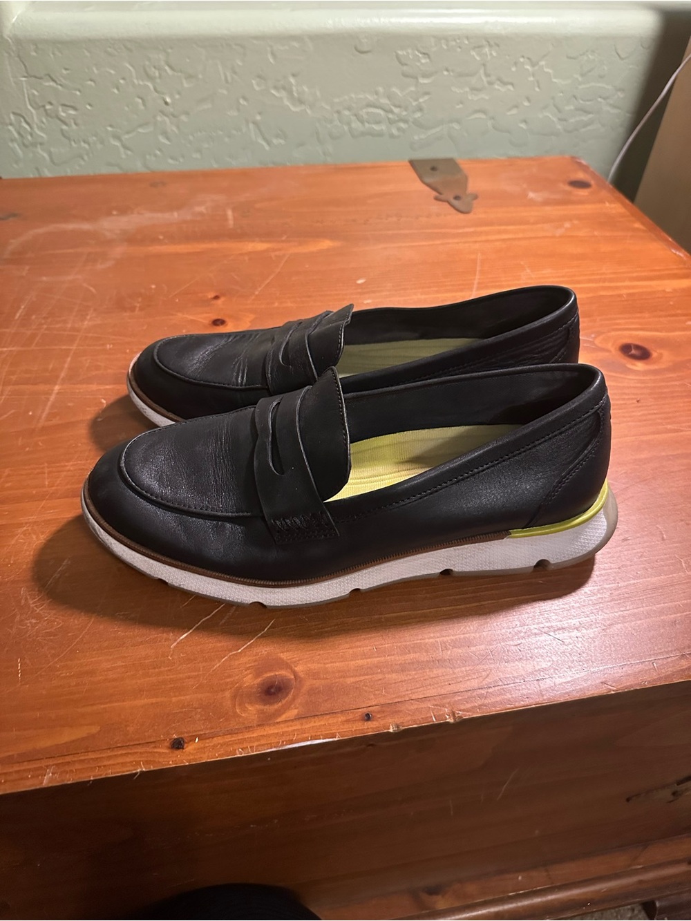 Cole Haan Black Leather Slip-On Loafers with White Sole and Yellow Insole